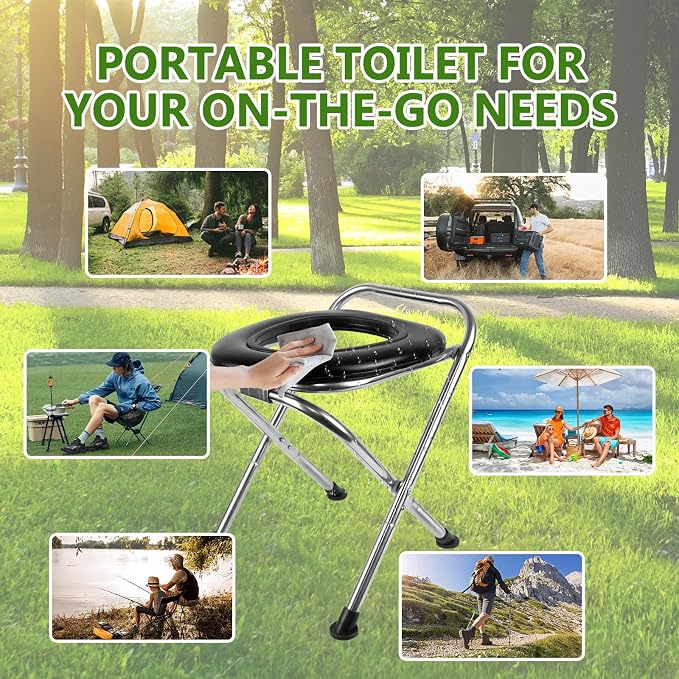 BLIKA Portable Toilet for Camping, 350LBS Stainless Steel Foldable Camp Travel Toilet with Soft Seat for Adults, 16.5-Inch Portable Toilet for Truckers, Camping, RV Travel, Road Trips, Outdoor Use