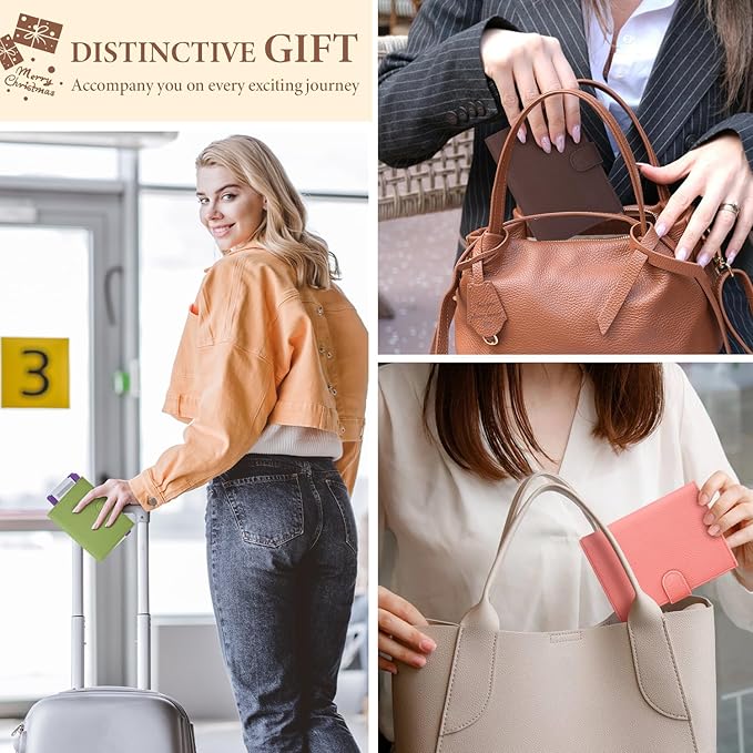 Genuine Leather Passport Holder for Women Men, Hidden Airtag Pocket, RFID Blocking, Zippered Coins Pocket & Cash Compartment Travel Gifts Essentials Passport Cover Case - Pink