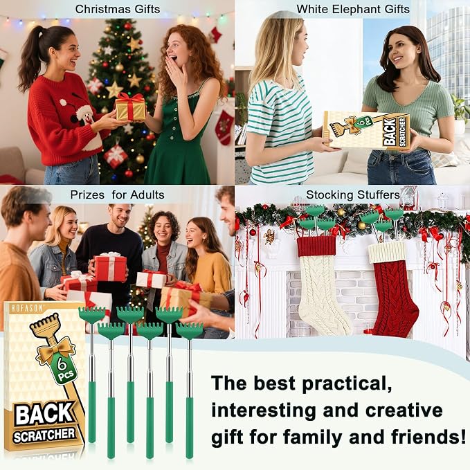 HOFASON Back Scratcher 6 Pack, Stocking Stuffers for Men Adults Women Teens | Christmas Small Bulk Gifts for Men Women Teens, White Elephant Gag Birthday Gifts, Party Favors Prizes for Adults (Green)