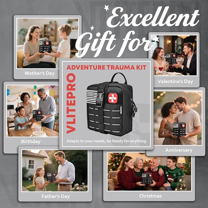 Advanced Trauma First Aid Kit - Emergency Camping Gear with Tourniquet Kit, Compression Bandage, 36" Splint | Portable Survival Gear for Outdoor, Home, Camping- Gift for Husband Dad and Wife-Black