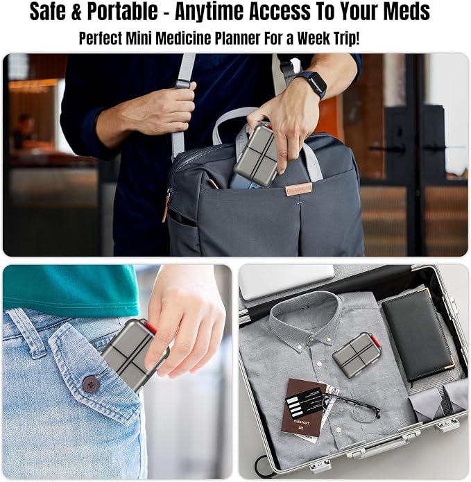 7 Day Compact Pill Organizer, Foldable Portable Travel Pill Box with Double Protection, Daily Small Pill Case Dispenser for Medication, Vitamins, Supplements (Clear Black)
