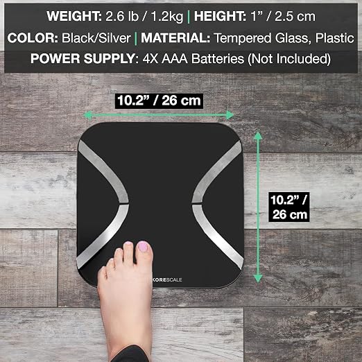 Korescale Gen2 Digital Smart Scale with BMI, Body Fat, Muscle Mass, Weight | Highly Accurate Bathroom Scales, Bluetooth Composition Analyzer | Compatible with KoreHealth, Apple Health App (Black)