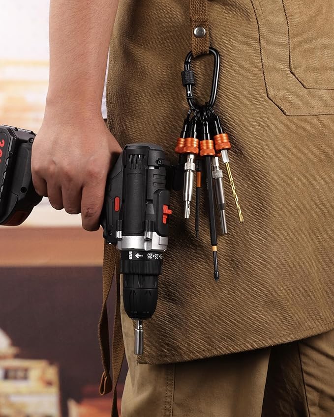 Bit Holder Keychain 12 Pcs, 1/4-Inch Hex Shank, Quick Release, Orange | Aluminum Alloy, Impact Drivers, Drill Bits, Tool Belt Use, Carabiner Clip, One-Handed Operation, Ball Lock, Compact Organizer
