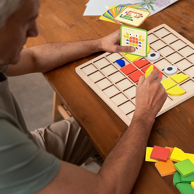 Activities for Dementia Patients, 96 Pieces Wooden Puzzle Games for Seniors, Colorful Shape Pattern Alzheimers Products for Elderly, Tile Matching Memory Cognitive Busy Board Gadgets Gifts