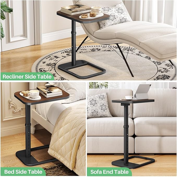 Kitstorack TV Tray Table, Adjustable Height & Rounded Metal Corners, Snack Table for Couch, Sofa, Bed, Chair, Living Room, C Shaped End Side Table for Eating, Dinner or Laptop, Small Spaces, Espresso