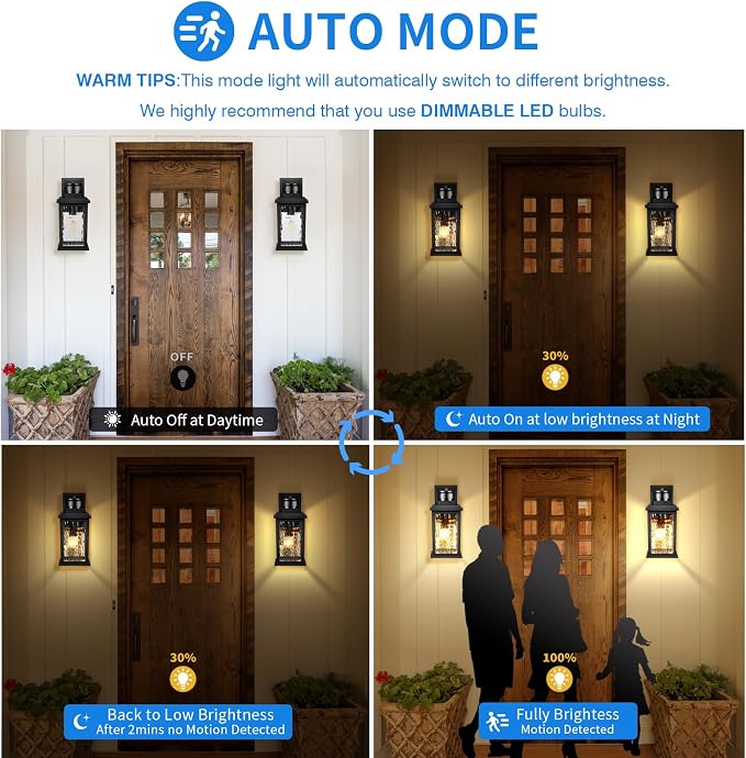 VIANIS Motion Sensor Exterior Lights for House, Dusk to Dawn Porch Lights | Waterproof Aluminum, Tempered Water Glass, 2 Pack Sconce Outdoor, Moden Black Outdoor Sconce Lights Lantern for Garage, Patio