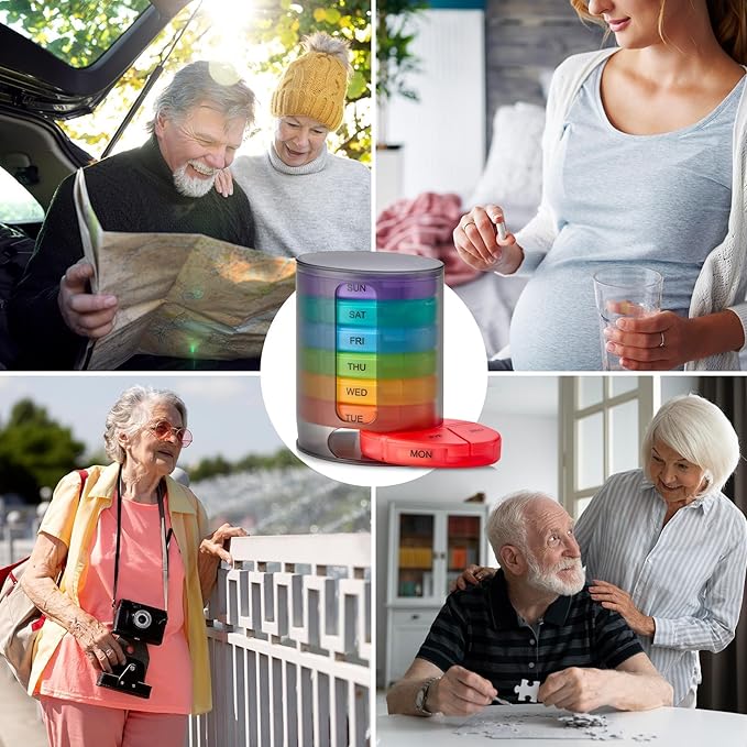 MEDca Weekly Pill Organizer, 1 Dispenser, 7 Stackable Multi-Color Compartments Four Times-a-Day - Morning, Noon, Evening, and Bedtime, Black