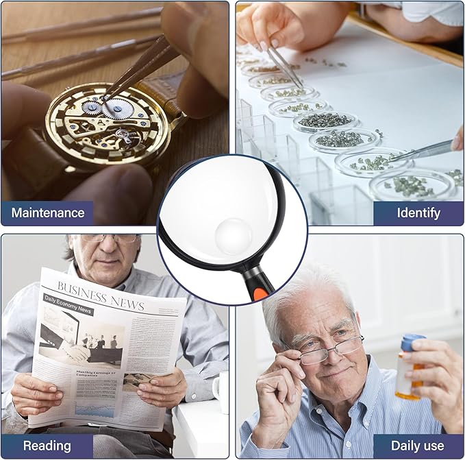 Feosky Handheld Reading Magnifier, 10X Magnifier, 75mm Shatterproof Lens, Non-Slip Handle for Adults Close Work, Seniors Reading and Nature Exploration, Hobby Observation(Orange/Black)