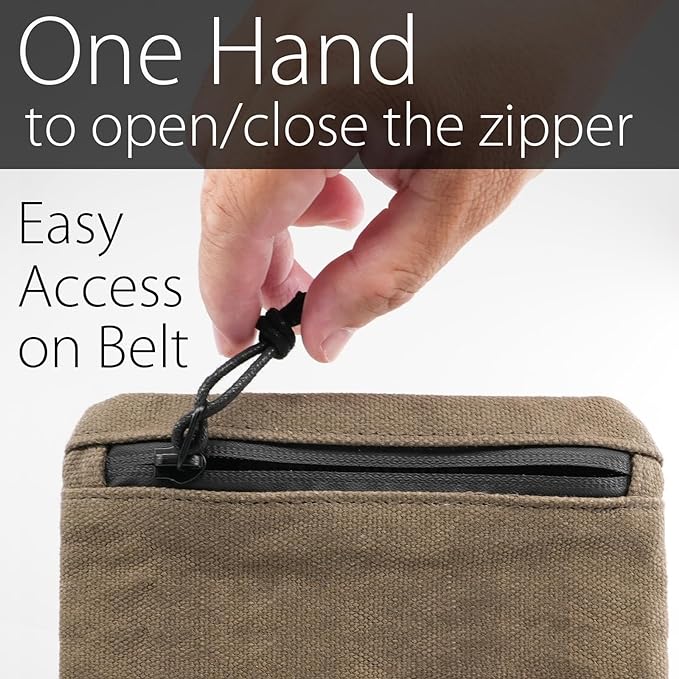 Belt Zipper Pouches for Men Women Compact EDC Pouch, YKK Zipper, Anti-theft Pickpocket Proof Safety Wallets, Waist Pack for Traveling Hiking, Water Resistant, Tough Waxed Canvas, Olive