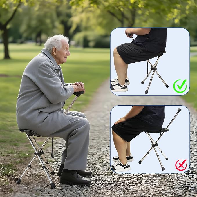 FATTCHIAR Cane with Seat, Walking Stick with Seats, Cane Chair Capacity 330lbs, Adjustable Height Folding Lightweight Portable Stool for Adults Seniors Hiking Camping