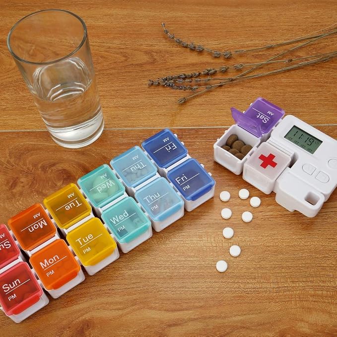 7-Day Pill Organizer with Medicine Reminder Alarm, Cozycabin Weekly Large Vitamin Box Organizer - AM PM Daily Travel Medication Box(Rainbow)