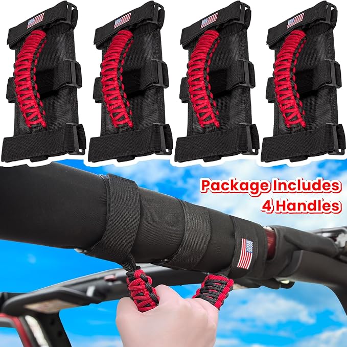 4 x Roll Bar Grab Handles Grip Handle for Jeep Wrangler JK JKU JL JLU TJ YJ Sport Sahara Freedom Rubicon Unlimited Gladiator JT 1955-2023 UTV ATV Premium Paracord Interior Accessories US Flag (Red)