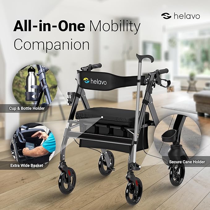 Helavo Bariatric Walker with Large, Height-Adjustable Seat, 500 lbs Weight Capacity, All Terrain 8-inch Wheels, 28-inch Wide - Extra Wide Heavy Duty Rollator for Seniors