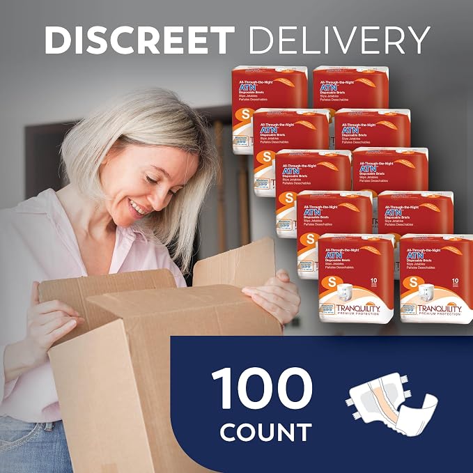 Tranquility Premium ATN Disposable Briefs with Tabs, Overnight Protection Superabsorbent Core for Leak-Free and Full-Fit Comfort, Small 100ct Case