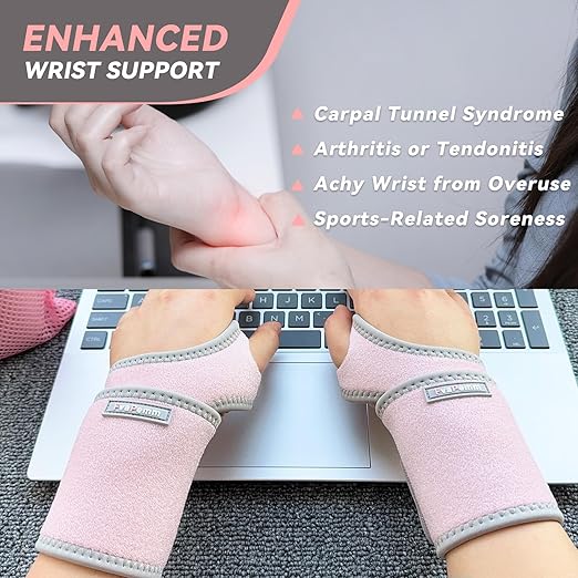 Carpal Tunnel Wrist Brace for Right Left Hand 2 Pairs, Wrist Support Wraps for Women Men, Adjustable Wrist Brace for Tendonitis, Arthritis, Weightlifting, Sports, Day Night Support, Pink&Nude