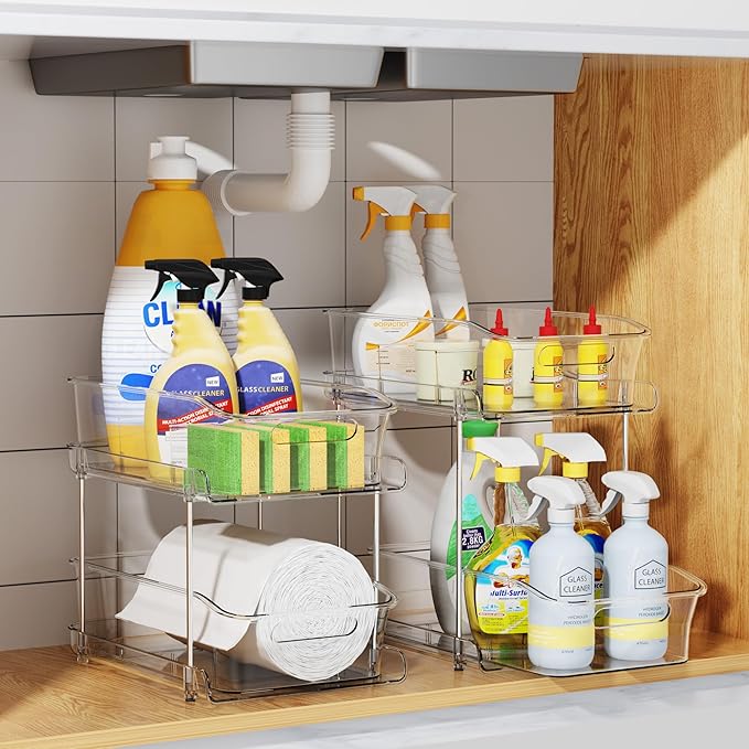 Delamu 2-Tier Under Sink Organizers and Storage, Multi-Purpose Stackable Bathroom Cabinet organizers, Pull Out Kitchen Pantry Organization and Storage with Dividers(2 Pack, Clear)