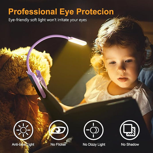 Gritin 9 LED Rechargeable Book Light for Reading in Bed - Eye Caring 3 Color Temperatures,Stepless Dimming Brightness,80 Hrs Runtime Small Lightweight Clip On Book Reading Light for Studying-Purple