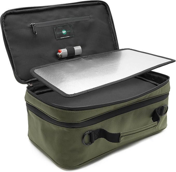 Large Storage Case with TSA Combination Lock Bag, Portable Carbon Lined, XL Medicine Lockable Box for Travel & Home Secured Box Organizer Divider Jars Accessories, Removable Tray (Green)