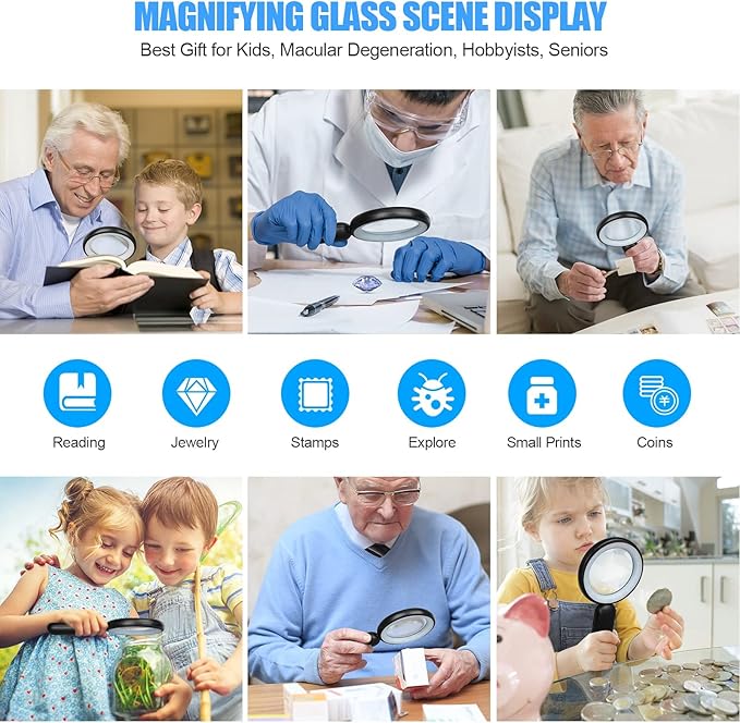 Rechargeable Magnifying Glass with Light, 30X 4.7IN Handheld Large Lightweight Lighted Magnify Len 21 LED 3 Modes Illuminated Book Magnifier forSenior,Reading,Inspection,Coin,JewelryChristmasGift