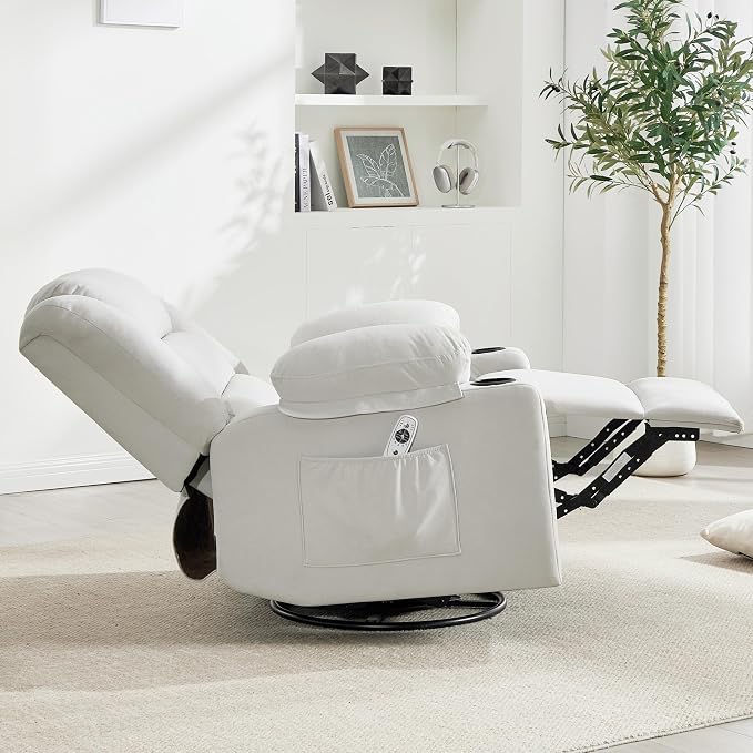 Ketaiyou Swivel Rocker Recliner Chair for Adults with Massage and Heat, Cup Holders and Side Pockets, Glider Rocking Reclining Single Sofa Chair for Living Room(Beige2)
