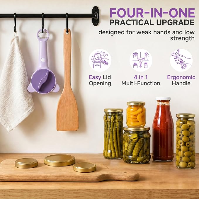 2026 Upgraded 4-in-1 Jar Opener - Adjustable Stainless Steel Lid Remover for Seniors & Arthritis Sufferers, Fits Kitchen Jars, Bottles & Cans Purple