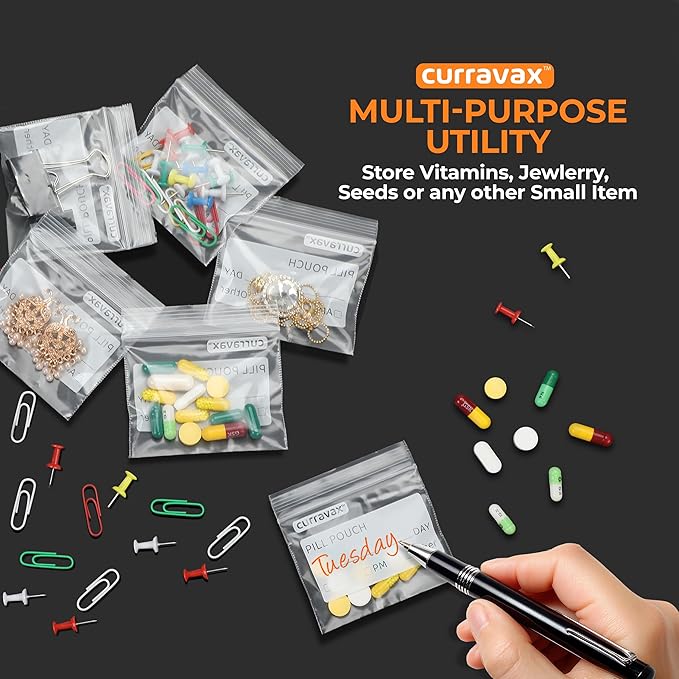 Pill Pouch Bags for Travel Pack of 125- BPA Free 3 x 2.75 inch Pill Pouch - Pill Pouches for Medicine with Write on Label –Clear Ziplock Pill Baggies for Medicine Organizer