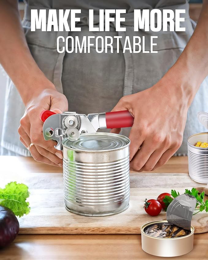 Multifunctional Can Opener Manual, Durable Heavy Duty Handheld Strong Can Opener with Smooth Cutting Edge, Friendly Kitchen Essentials Tool for Seniors, Camping and Bottle Opening-Red