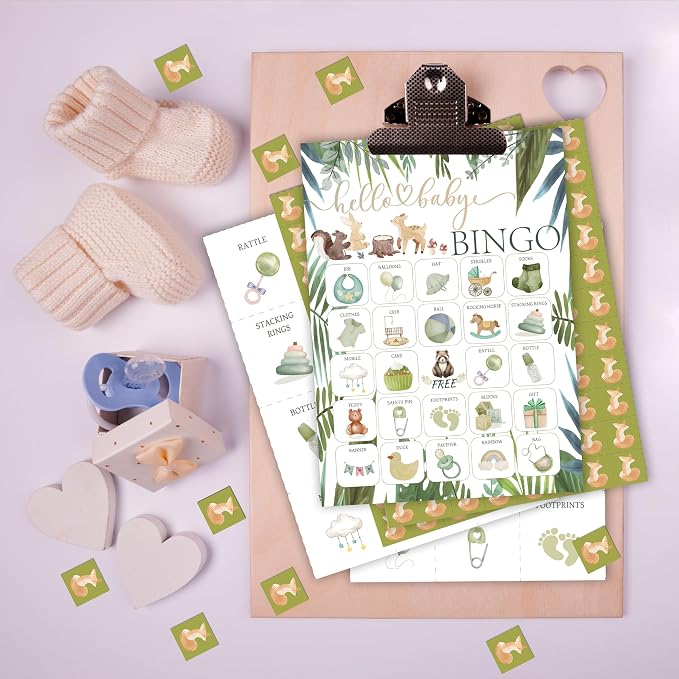 Baby Shower Bingo Game Cards Set for Guests Adults, Animals Woodland Baby Shower Party Bingo Game Gender Reveal Bingo Game for Family Friends Large Group Activity, Favors Supplies Decorations