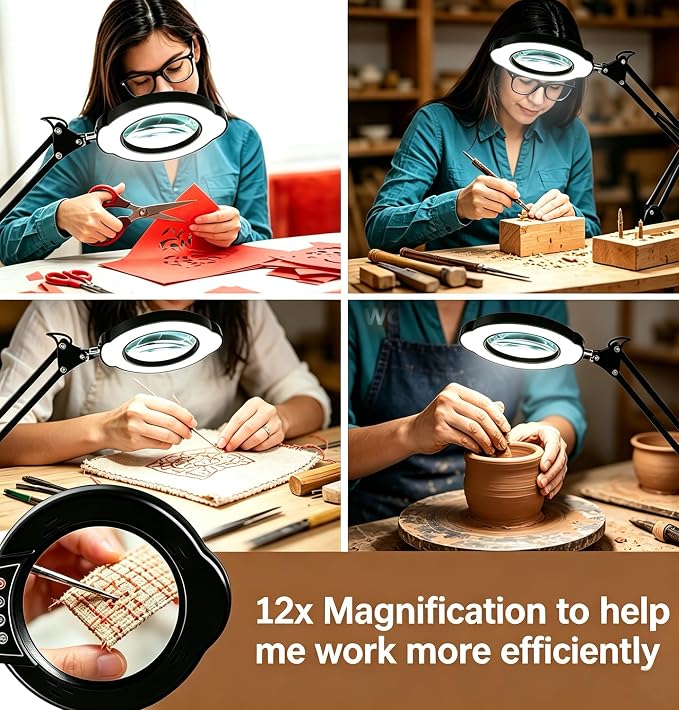 12X Magnifying Glass with Light and Clamp, 84 LEDs Real Glass Lens Magnifying Lamp for Close Work, Repair, Reading, Craft(Top Button)