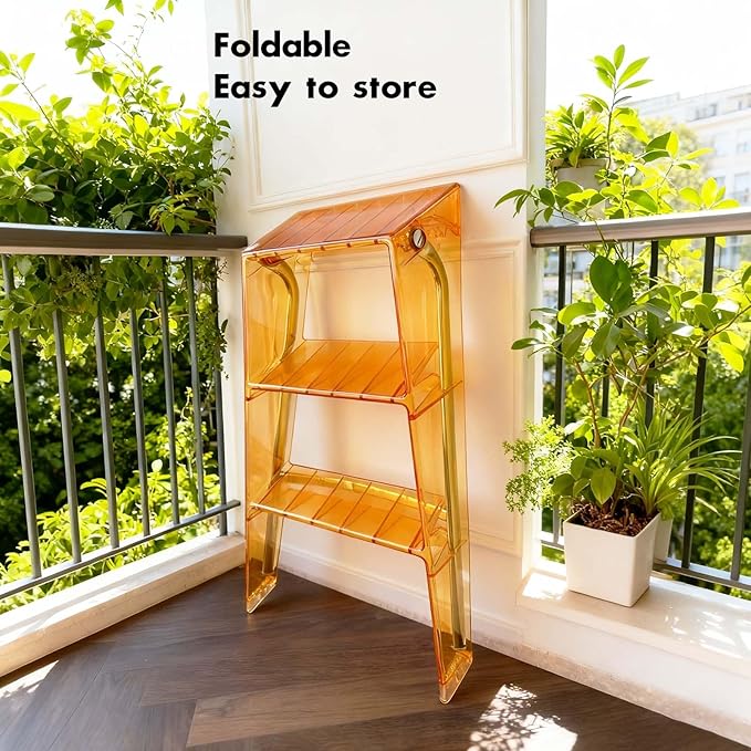 Acrylic 3 Step Ladder Folding Step Stool for Adults Foldable Small Step Stool Ladder for Kitchen Plastic Stepladder Modern Collapsible Ladder for Closet Home Bathroom Indoor (Transparent Orange)