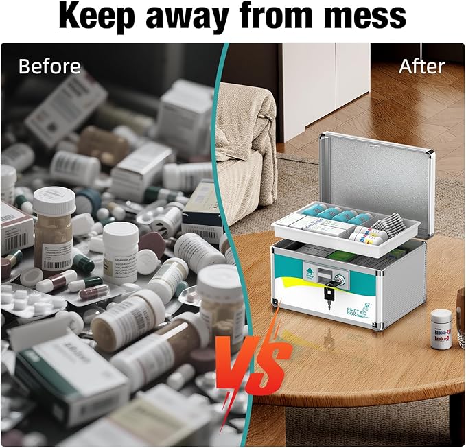Glosen Medicine Lock Box, Medication Lock Box,Locking Medicine Box, Security Lock Boxes【Small】 10x6.7x6.7 Inch,First Aid Key,Lock Box for Medication