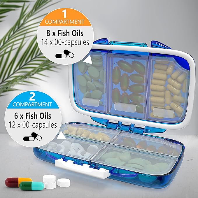 Travel Pill Organizer - Moisture Proof Portable Vitamin Holder with 7 Compartments, Compact Supplement Case for Purse Essential Medicine Kit fot Traveling Pocket Pharmacy with Labels, Blue