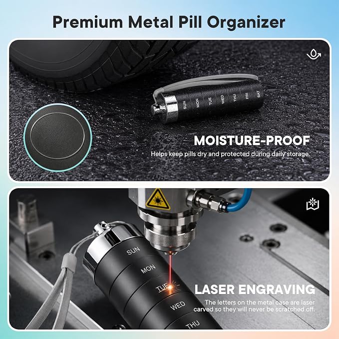 Mossime Metal Travel Pill Organizer with 2 Lids, Waterproof Weekly Pill Box, Large Aluminum Alloy Pill Case Container, BPA Free 7 Day Daily Medicine Organizer for Vitamin, Fish Oil, Supplement