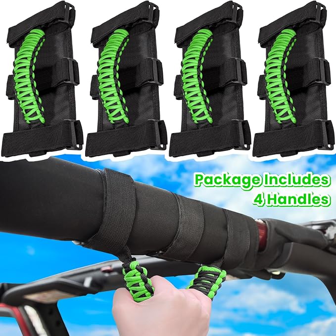 4 x Roll Bar Grab Handles Grip Handle for Jeep Wrangler JK JKU JL JLU TJ YJ Sports Sahara Freedom Rubicon Unlimited Gladiator JT 1955-2023 UTV ATV Premium 550 Paracord Interior Accessories (Green)