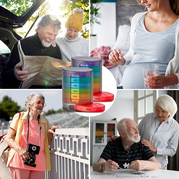 MEDca Weekly Pill Organizer, 1 Dispenser, 7 Stackable Multi-Color Compartments Four Times-a-Day - Morning, Noon, Evening, and Bedtime, Black, 2-Pack