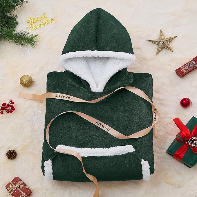 JOYWOO Green Oversized Wearable Blanket Hoodie, Cat lovers Long Hoodie Blanket for Adult,Birthday Gifts for Women Mom Grandma,Cozy Sherpa Hooded Blanket Giant Pocket Winter Gifts,Dark Green,Oversize