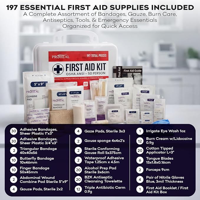50 Person OSHA Compliant First Aid Kit for Businesses, Vehicles, Trucks, Construction Site - Type III, ANSI Class A Emergency Kit - 197 Piece Essential First Aid Supplies