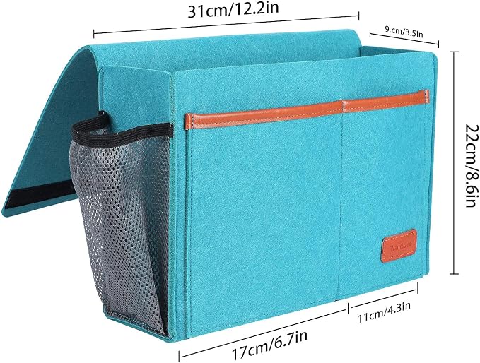 Bedside Caddy, Bed Storage Organizer for Remote Controller, Books, Magzine, Laptop Holder, 12.4'' x 8.6'' inch Bedside Hanging Felt Storage Bag for Dorm Bed with 5 Pockets, Celadon
