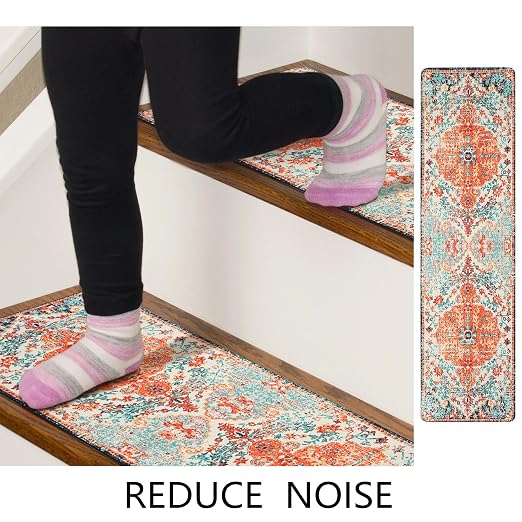 Boho Stair Treads Non Slip - Carpet Stair Treads for Wooden Steps Indoor, Stair Rugs for Kids, Elders and Dog, Stair Runners for Wooden Steps, 4 pcs