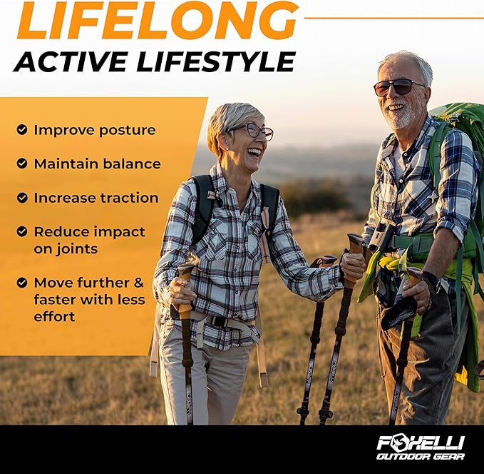 Foxelli Carbon Fiber Trekking Poles – Lightweight Collapsible Hiking Poles with Cork Grips, Quick Flip Locks & All-Terrain Accessories – Adjustable Height Hiking Sticks for Men & Women