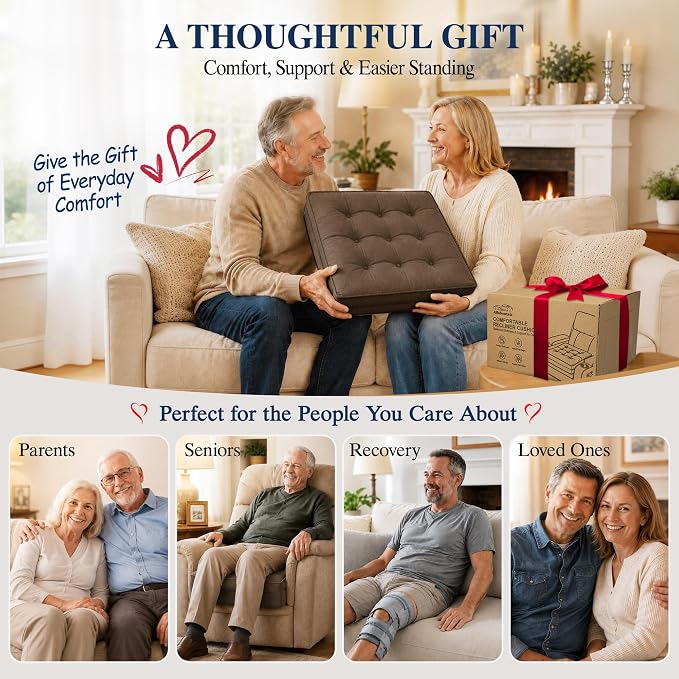 Allaboutsla Recliner Seat Cushion, 20x20x5 Lift Chair Cushion for Elderly | Comfy Dual-Layer Recliner Cushion Adds Height, Thick Recliner Cushion for Long Sitting, Non-Slip Chair Pad for Recliner Brown