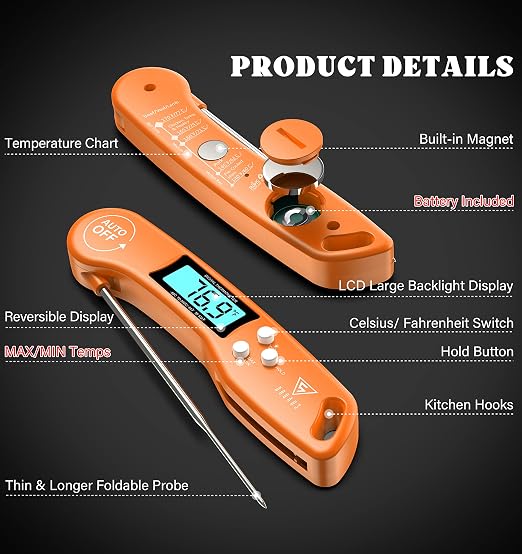 DOQAUS Digital Meat Thermometer, Instant Read Food Thermometer for Cooking | Backlit & Auto-Rotating Display, 4.6” Probe Perfect for Grilling, Baking, and BBQ Gift for Dad Men - Orange