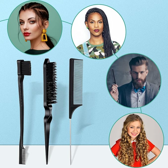 Geiserailie 3 Pcs Slick Back Hair Brush Set Bristle Brush Edge Control Teasing Comb for Women Black Hair(Black)
