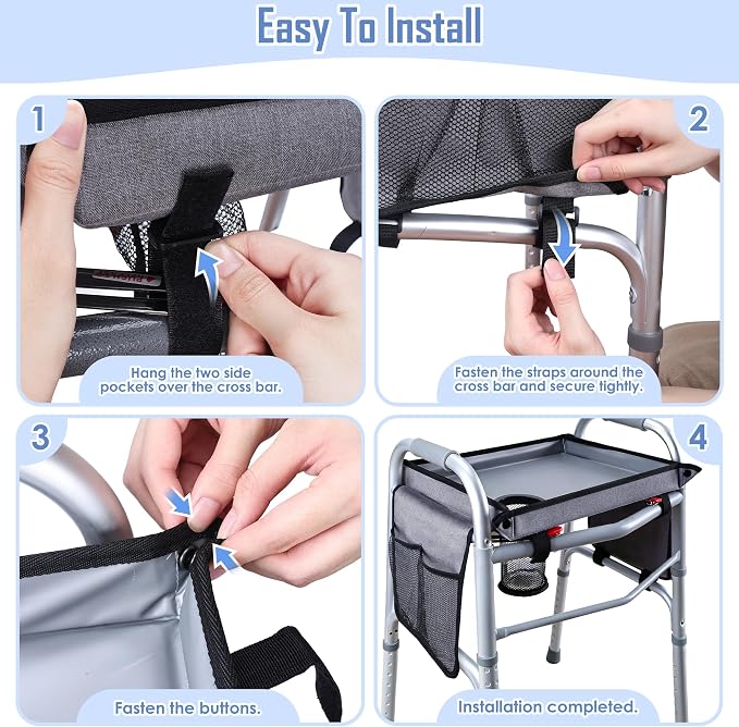 Walker Tray with Two Side Pockets – Universal Seniors Walkers Accessories | Adjustable Side Panels, Waterproof & Easy to Install, With Cup Holder, Cup Holder Keeps Drinks Stable
