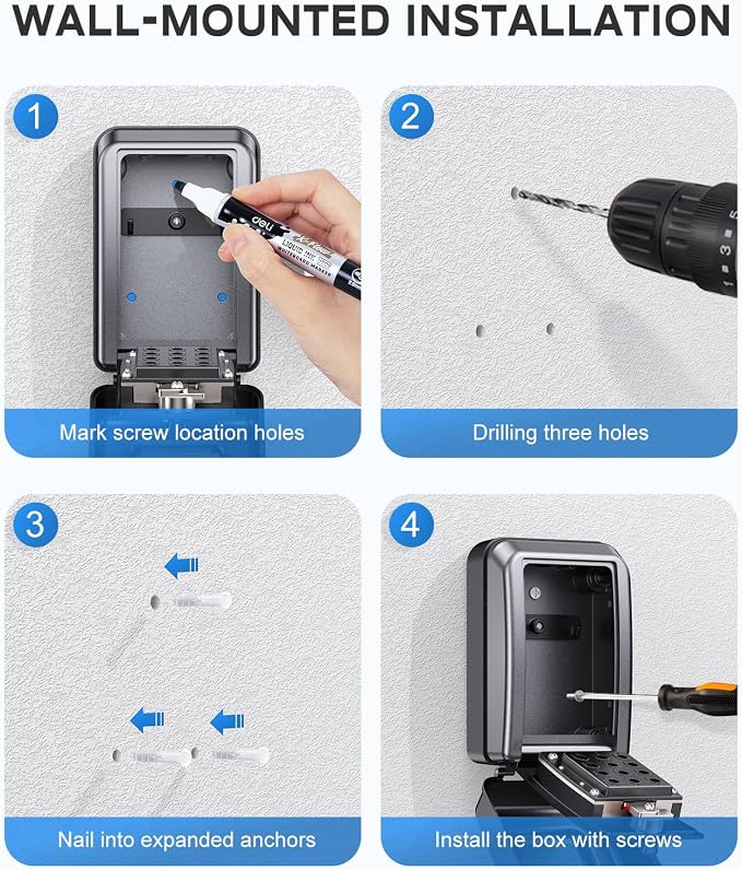 Wall-Mounted Key Lock Box, 12 Digit Combination Lock Box for Keys with Code, Large Capacity & Weatherproof Outdoor Lockbox, Key Safe Storage Lock Box for Home, Office, Garage, Black