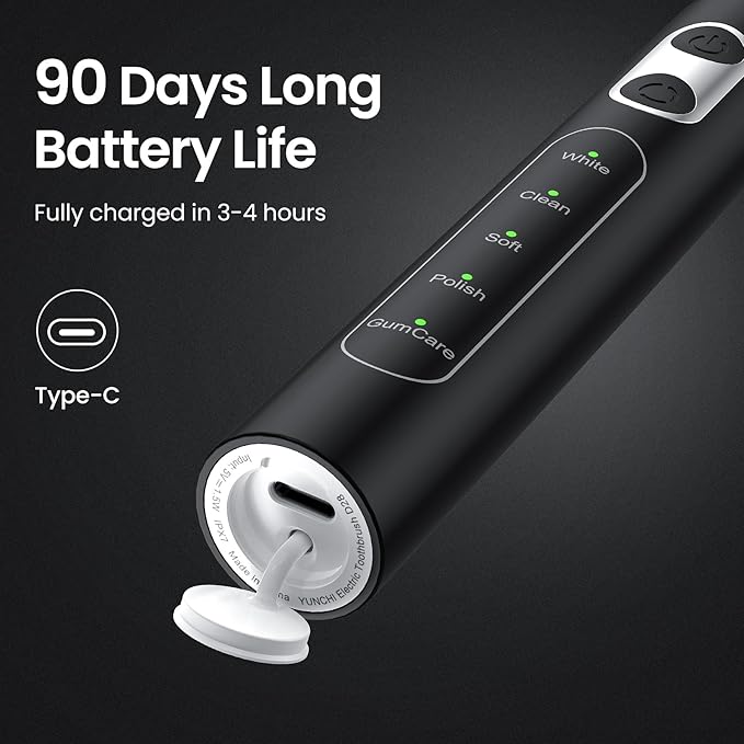 YUNCHI Electric Toothbrush Birthday/Valentine Plastic 8 Dupont Heads 24-Mo Deep Cleans Gentle Gums Removes Stains 3Hr USB-C 90d 2-Min Timer/30s IPX7 - Black