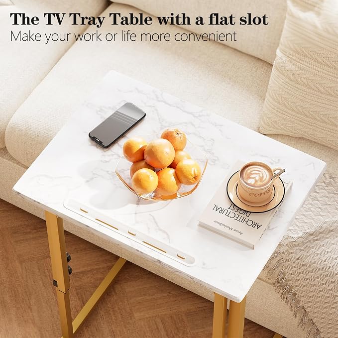 Folding tv Tray Dinner Snack Table,6 Height Adjustable Slide Under Couch Side Table, Portable Small Foldable C-Shaped End Table for Eating with Sturdy MDF Top,No Assembly(White Marble+Gold)