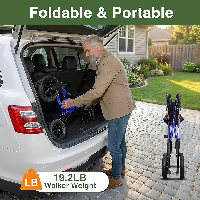 Walkers for Seniors, Rollator Walker with Seat, 12" Big Rubber Wheels All Terrain Rolling Walker with Backrest, Foldable Rollator Walker, Reinforced Aluminum Frame, Built-in Cable, Blue