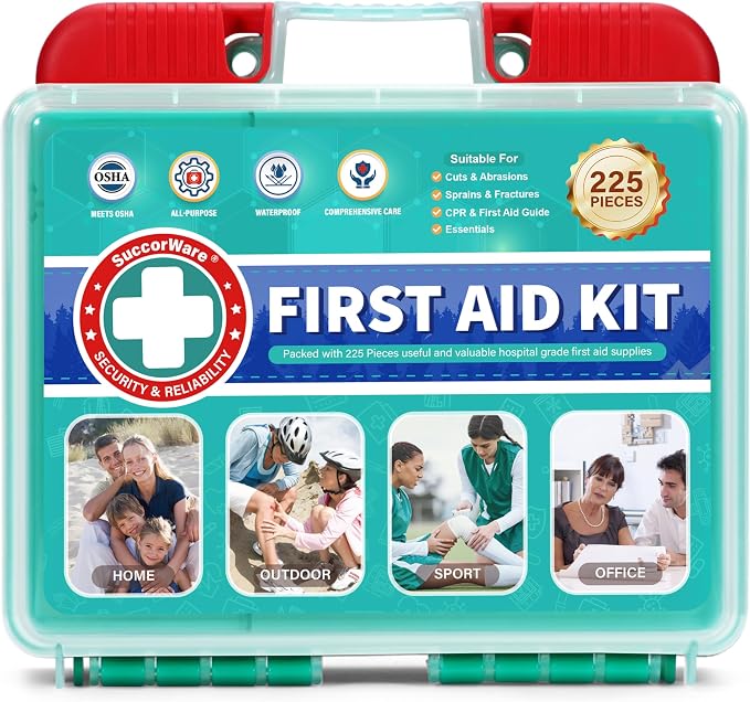 SuccorWare 225 Pieces First Aid Kit, Includes Ice Pack, Adhesive Bandages, Wound Gauze Pads, Portable First Aid Bag for Home, Car, Business, Travel, Outdoor Emergency Medical Kits