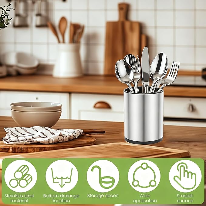 Kitchen Utensil Holder for Kitchen Counter,360° Rotating Stainless Steel Utensils Holder,Large Cooking Utensils Holder with Removable Base,3 Compartments Cutlery Holder